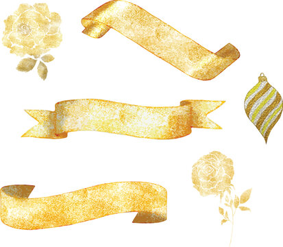 Luxury Gold Glitter Ribbon Banner Set with Floral Elements and Ornament, Elegant Decorative Vector Collection