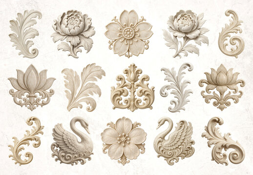 Elegant Floral And Swan Motifs Element Set