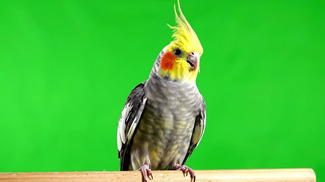 A beautiful cockatiel parrot with a yellow crest and orange cheek patches perches on a wooden stick against a vibrant green screen.