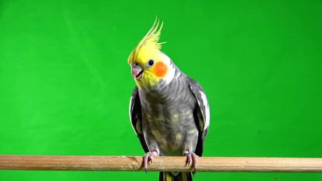 A beautiful grey and yellow cockatiel bird with a crest perches on a wooden stick against a vibrant green screen background.