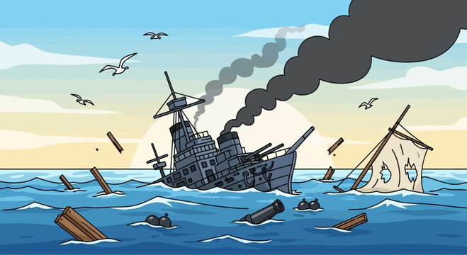 A dramatic illustration of a large battleship sinking in the ocean with smoke, debris, and seagulls under a colorful sky.