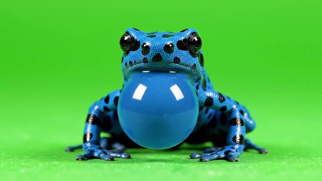 Close-up of a vibrant blue poison dart frog with black spots, inflating its large blue vocal sac against a bright green background.