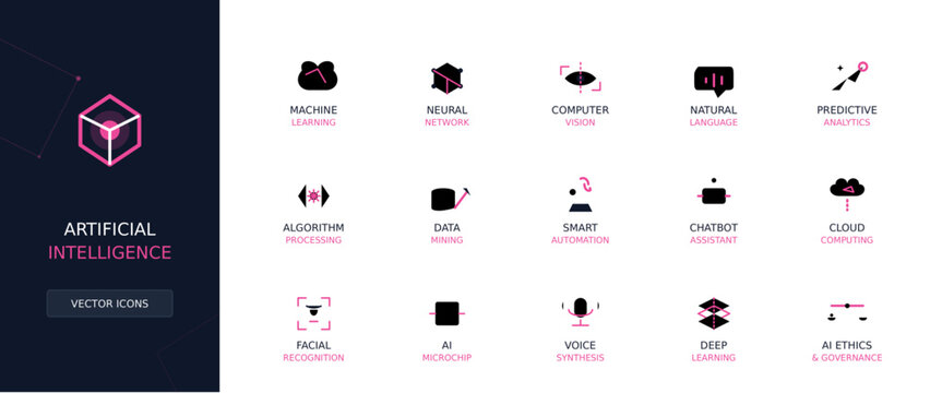 Artificial Intelligence vector icons set with machine learning data science and cloud computing symbols
