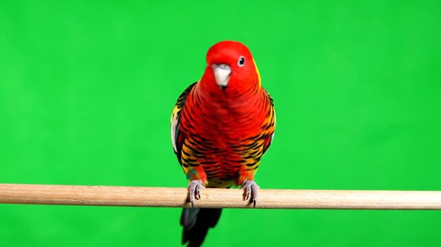 A vibrant red parrot with yellow markings perched on a wooden stick against a bright green screen background.
