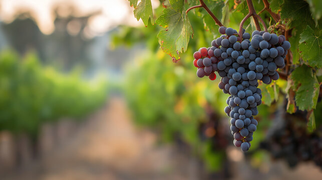 generality. A single cluster of Cabernet Sauvignon grapes glistening with dew in a vineyard under soft sunlight. gardening catalogs, home-decor guides, designed for home decor and floral branding.