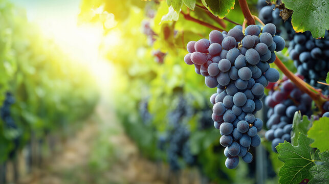 generality. A single cluster of Cabernet Sauvignon grapes glistening with dew in a vineyard under soft sunlight. gardening catalogs, home-decor guides, designed for home decor and floral branding.
