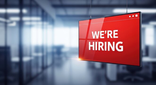 Red sign with were hiring text in a blurred office background