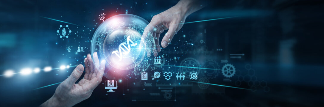 Scientist Hands of human touching on biotechnology network connection, genetic research systems enabling medical innovation laboratory development bioengineering solutions. advanced life science.