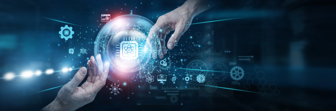 Developer Hands of human touching on quantum computing network connection, advanced processing systems enabling complex calculations encryption breakthroughs computing power. next generation tech.
