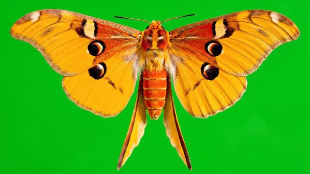 Vibrant orange and yellow Comet Moth with distinctive long tails and eye-spots against a bright green background.