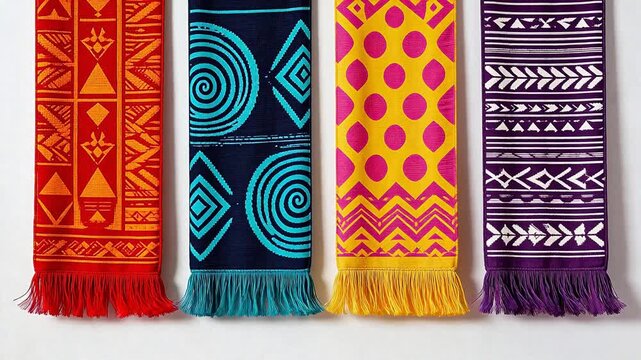 Four vibrant ethnic patterned scarves with fringed edges, featuring bold geometric, spiral, and tribal motifs in red-orange, navy-teal, yellow-pink, and purple-white colorways.