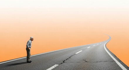 Obraz premium Miniature elderly figure facing uncertain future symbolizes retirement fear, pension insecurity, and long-term financial planning challenges