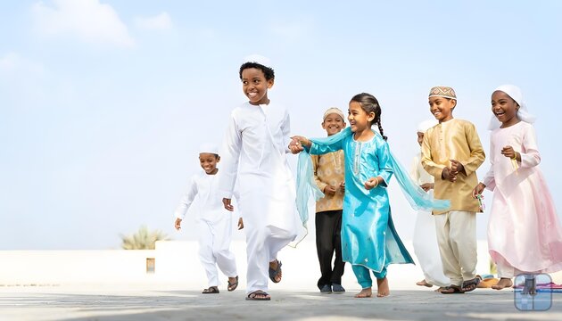 A group of joyful Middle Eastern children in traditional attire running and playing happily outdoors under a bright sky.