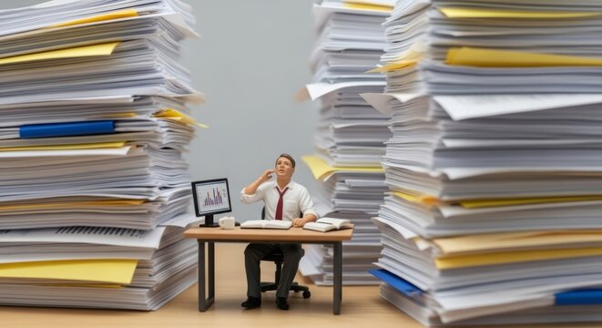 An office worker overwhelmed by towering paperwork stacks symbolizing deadline pressure, workload stress, time constraints, and productivity overload commonly experienced in professional environments