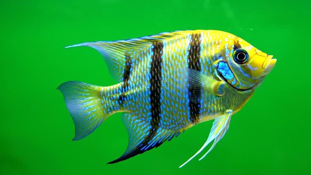 A vibrant yellow, blue, and black striped angelfish swimming gracefully against a bright green background, showcasing its intricate patterns and elegant fins.