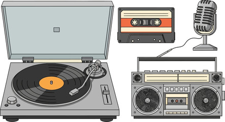 Fototapeta premium A collection of vintage audio equipment including a turntable, cassette tape, retro microphone, and a boombox, all on a white background.