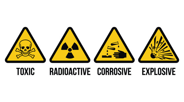 Warning signs for toxic radioactive corrosive and explosive hazards with clear symbols.