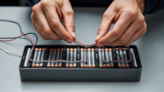 Hands inserting batteries into organizer tray with electronic components and power management concept