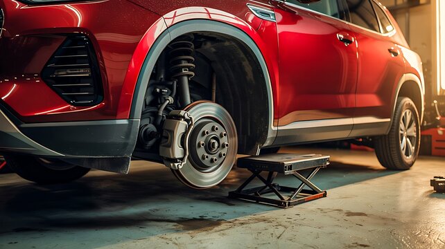 Car maintenance service with vehicle lifted and wheel removed in auto repair workshop