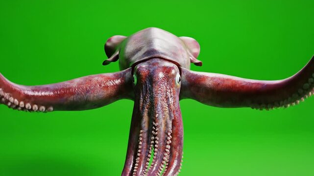Front view of a large, detailed squid or cuttlefish creature with tentacles and prominent eyes against a vibrant green screen background.