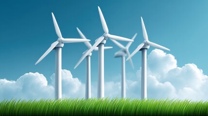 Fototapeta premium Wind Turbines Generating Clean Energy Against a Bright Blue Sky with Green Grass and Fluffy White Clouds in the Background