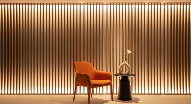 An elegant orange armchair sits beside a minimalist side table with a white vase, set against a stunning wood-slat wall illuminated by warm, integrated vertical lighting.