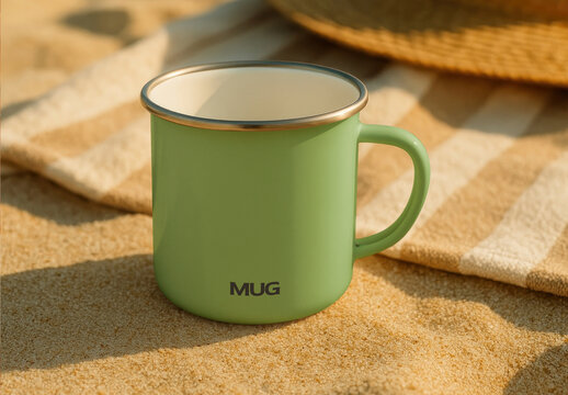 Green Mug Mockup On Sandy Beach PSD