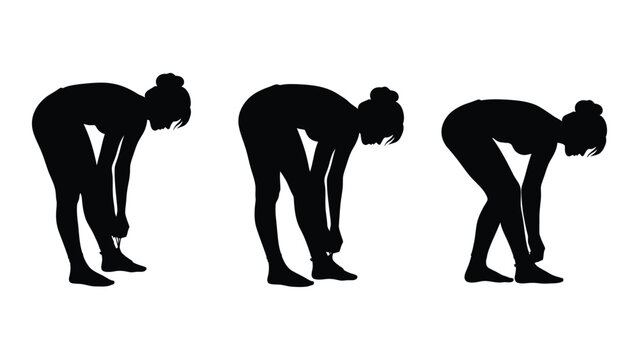 Three silhouettes of a person bending forward possibly stretching or tying shoes