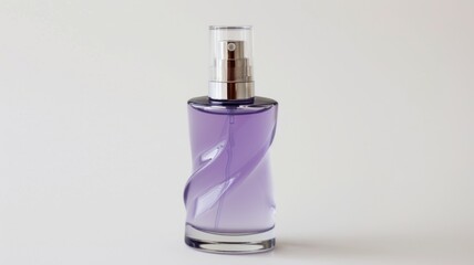Naklejka premium Elegant glass perfume bottle containing radiant lavender fragrance liquid set against a minimalist soft white background for beauty and fashion brand advertising