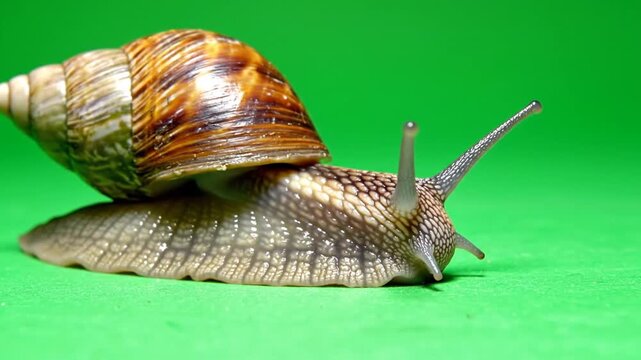 A close-up shot of a common garden snail with its shell and extended eye stalks against a bright green background.