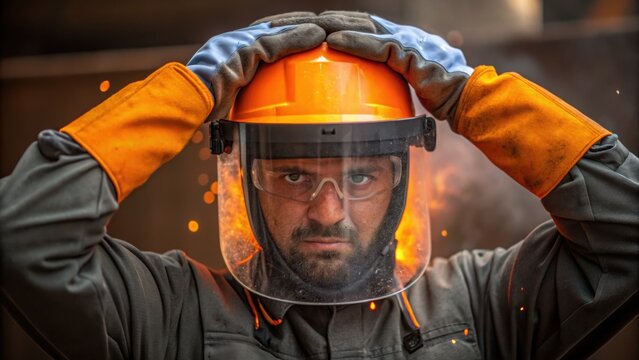Man wearing protective helmet, gloves, and face shield with sparks flying in the background during industrial work.