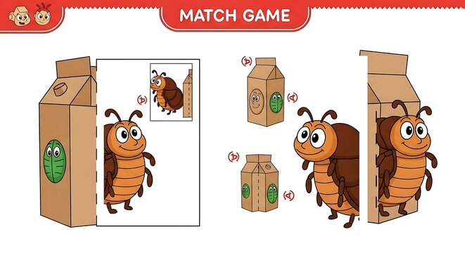 Educational match game illustration featuring a cartoon insect and carton