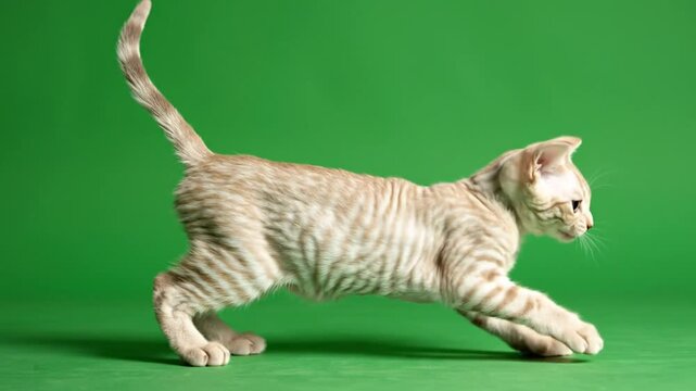 A sleek, short-haired tabby cat with a striped pattern captured in motion on a vibrant green studio background.