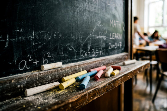 Colorful Chalk and Blackboard in a Classroom with Students Learning Mathematics and Educational Activities Taking Place in the Background