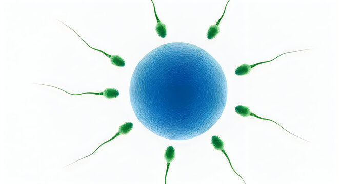 Sperm cells approaching an egg cell during the process of fertilization. isolated on white background