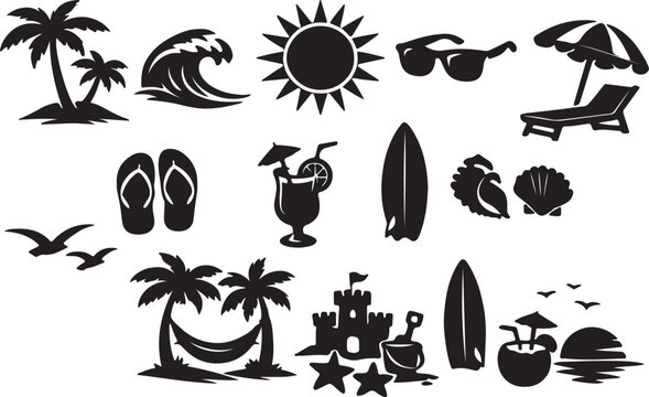 Summer beach icon silhouette vector set, palm tree wave sunglasses umbrella sun silhouettes, tropical vector collection