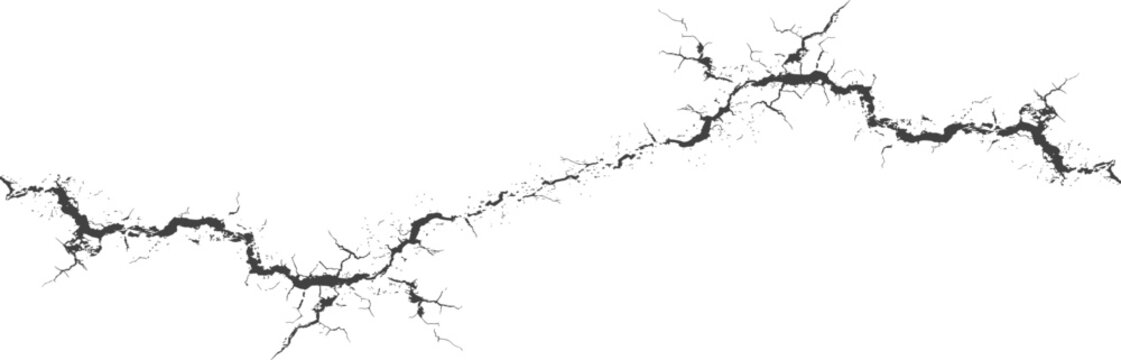 Cracked ground texture set with realistic fracture lines. Broken surface vector elements for damage and destruction concepts. Earth crack overlays for design, distress and grunge effects.