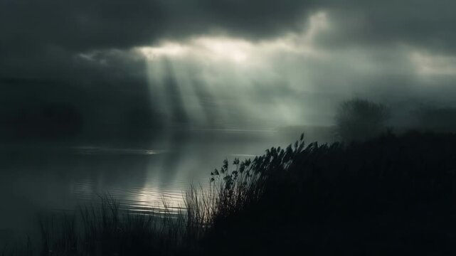 A moody riverside scene with mist rising from calm water, sunbeams piercing heavy clouds, and tall grasses along the bank, creating a tranquil, cinematic atmosphere