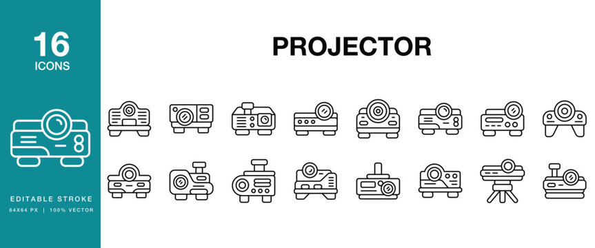 Projector icon set. Includes projector, projection, screen, presentation, meeting and More. Editable Stroke Icon Collection.