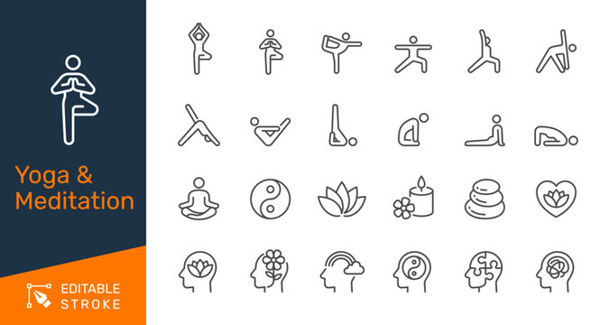 Yoga and meditation thin line icon collection for wellness, mindfulness, relaxation and fitness concept. Editable stroke. Pixel perfect.
