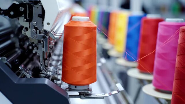 Close Up Of Colorful Thread Spools On Industrial Embroidery Machine