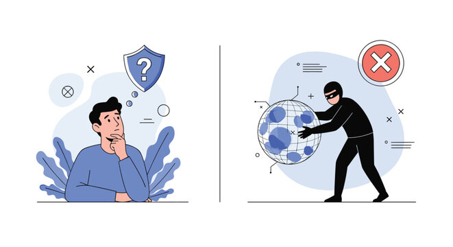 Comparison illustration showing a man thinking about cyber security versus a thief trying to steal data from a globe.