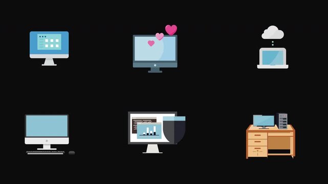 Desktop computer Icons Set animation transparent background