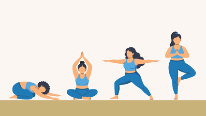 Fototapeta premium Four women demonstrating different yoga poses including child's pose, easy pose, warrior II, and tree pose, promoting health and wellness.