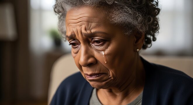 Elderly woman expressing sadness or grief with tears and facial expressions