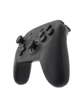 Vertical black gamepad, joypad or joystick for gaming console or computer to control in the game or various electronic devices, isolated object on transparent background.