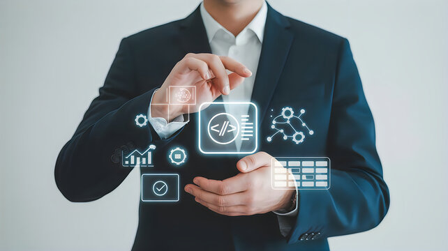 Software developer working with coding holographic interface showing programming script and algorithm logic icons against a clean white background.