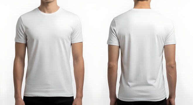 Man wearing white t-shirt front and back view standing isolated on white