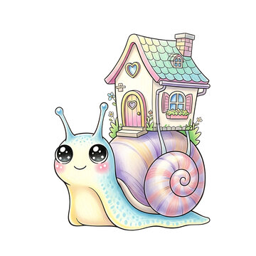 Cute cartoon snail carrying a whimsical house on its back, illustration.