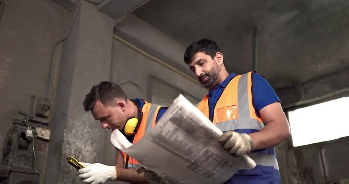 Factory technicians inspect machinery and discuss repair steps in a metal workshop, showing teamwork, maintenance coordination, safety, and industrial support.
